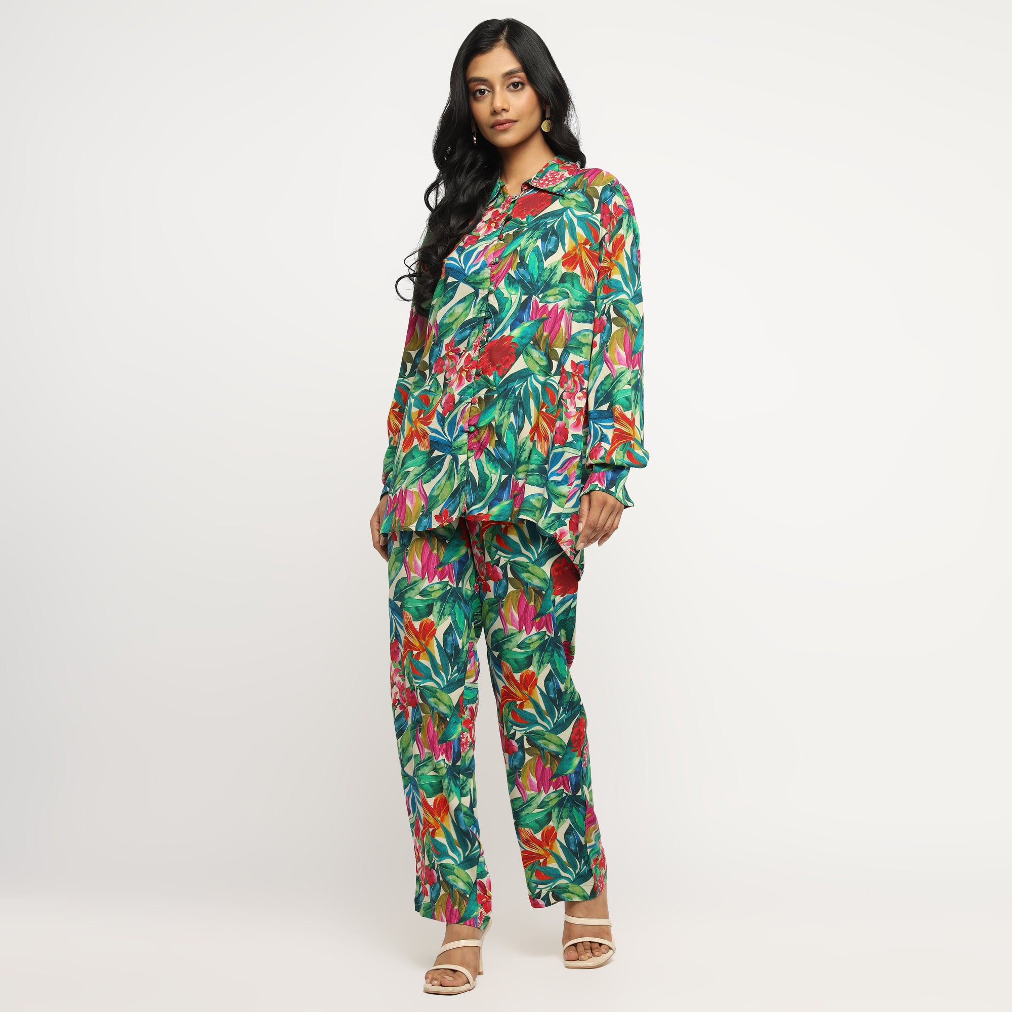 Tropical Multicolor Leaf Printed Shirt and Straight Pants Co-ord Set